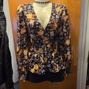 Floral V-Neck Blouse - Orange, Blue and Black